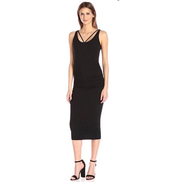 NWT MICHAEL STARS Women’s Front To Back Black Ruched Midi dress - Picture 1 of 8
